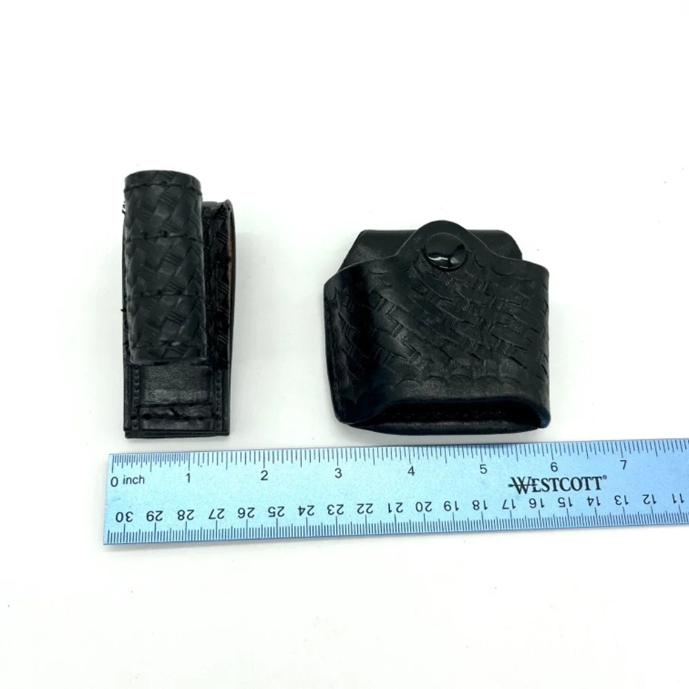Leather Basket Weave Handcuff & Flashlight Holder Pouch Set Belt Accessories‎